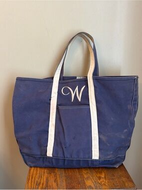 Vtg L.L.Bean Boat and Tote Bag Navy White Handles Canvas Tag Made in USA Large